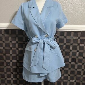 Casual Light Blue Women's Shorts Set